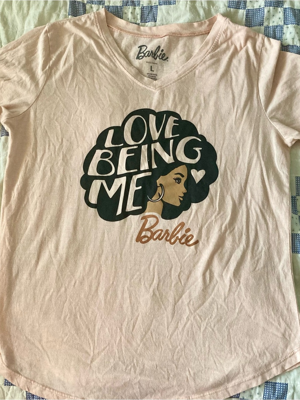 Barbie Pink Tee with Black Graphic and Tan Logo Afro “Love Being Me”